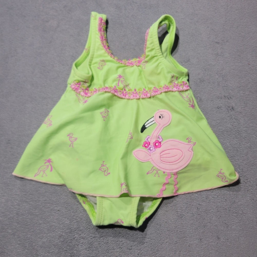 Baby Buns Swim Dress Girls Lime Green‎ Flamingo Print Ruffle Trim Tropical